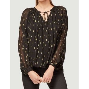 FRAME Denim Peasant Blouse Sz XS Black Metallic Gold Sheer Long Sleeves (f